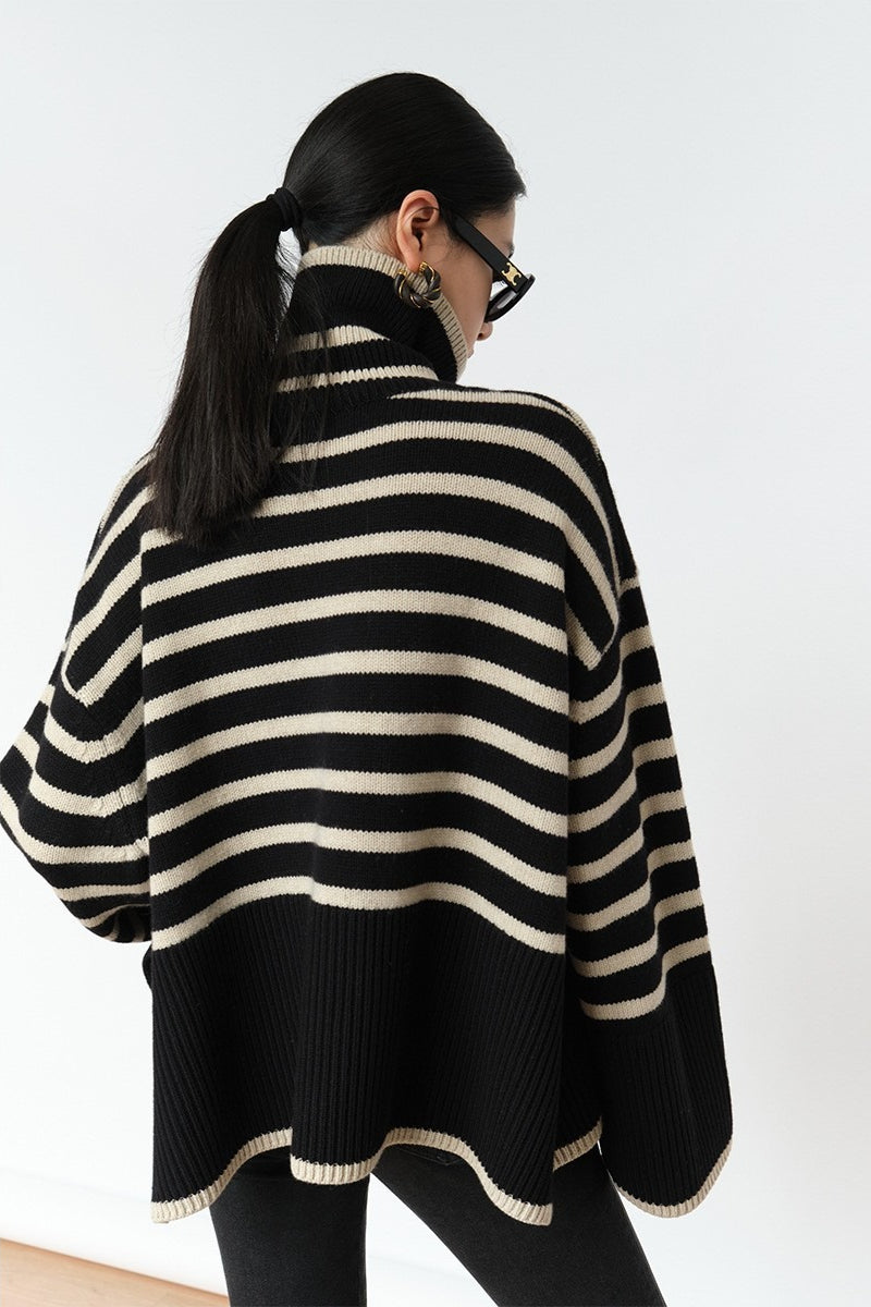 Striped Turtleneck Oversized Contrast Hem Knit Sweater