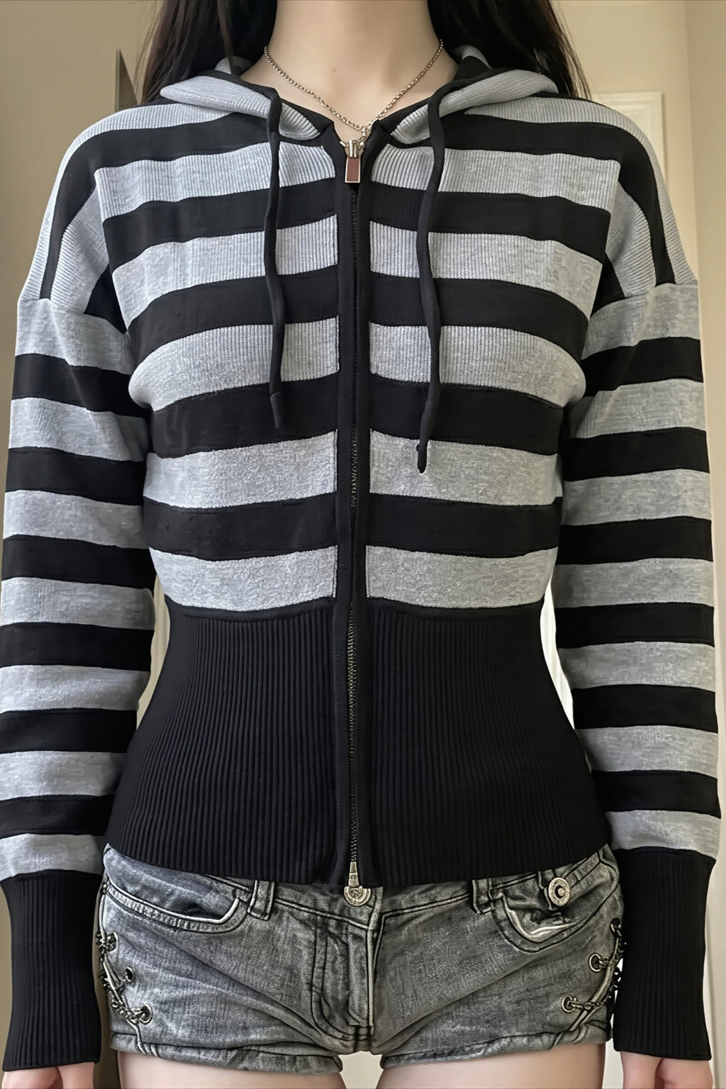 Fitted Striped Cropped Zip Up Hoodie