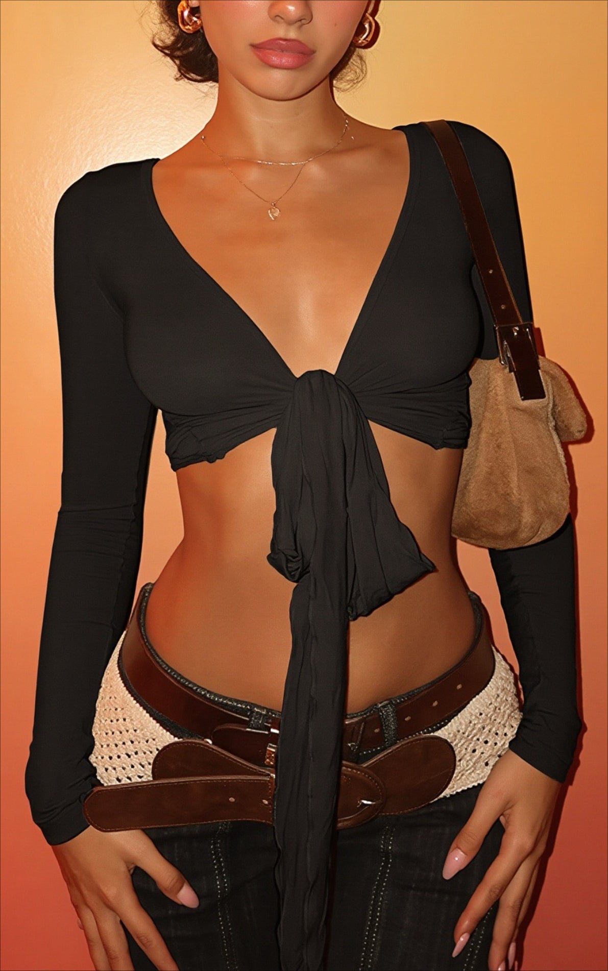 Tie Front Deep V Long Sleeve Crop Top