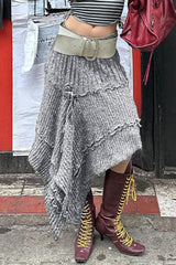 Knit Asymmetric Hem Ruffle Skirt