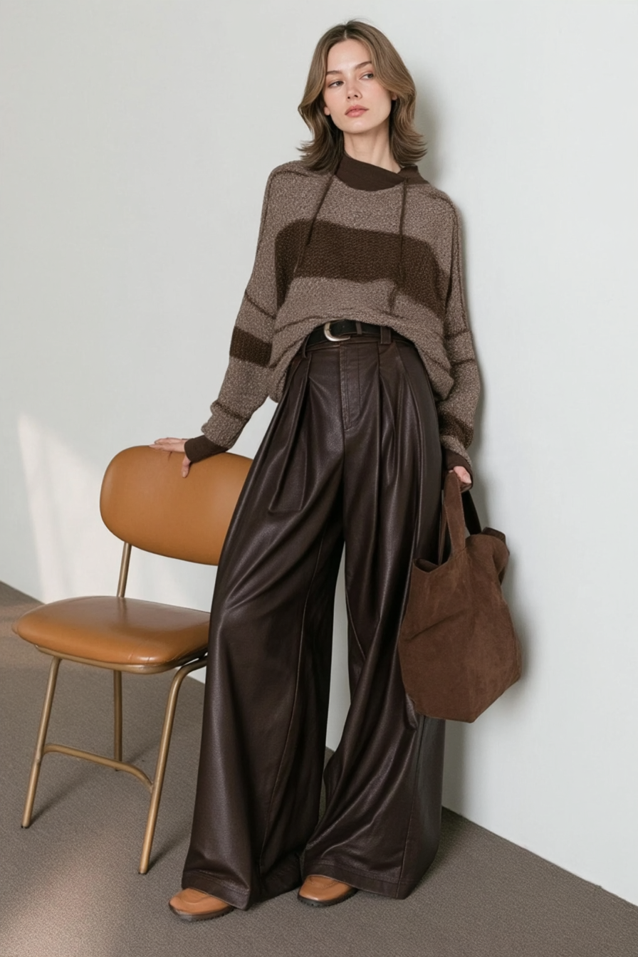 Vintage Brown Fleece Lined PU Pleated Wide Leg Pants