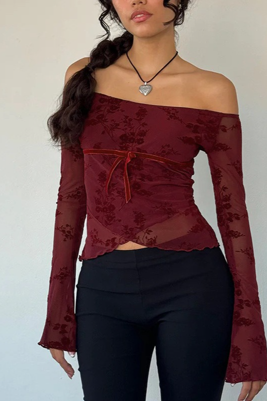 Velvet Mesh Off Shoulder Bow Tie Flare Sleeve Crop Top Main image