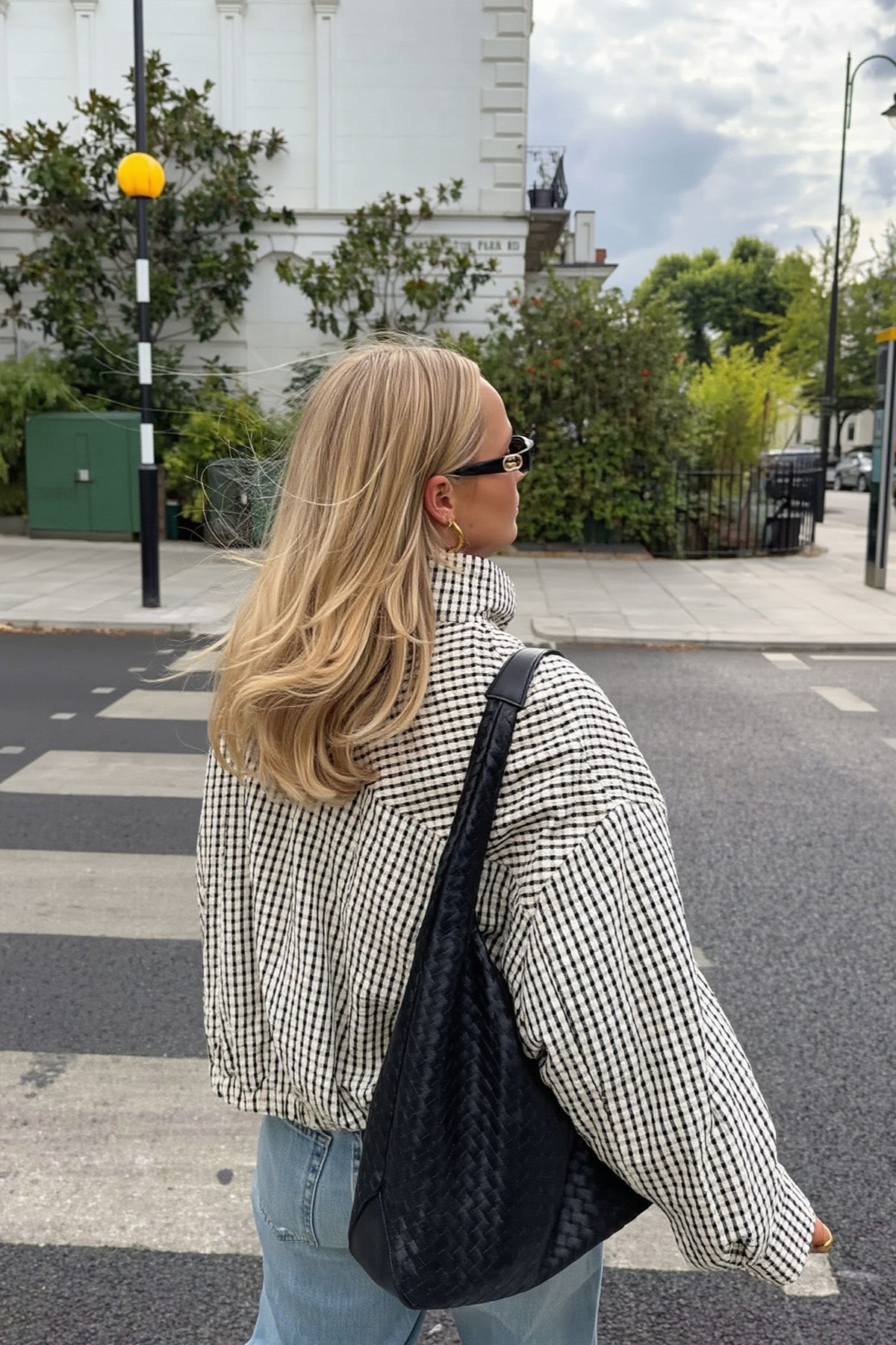 Gingham High Collar Relaxed Zip Jacket