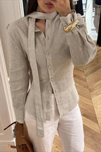 Tie Waist Solid Cotton Long Sleeve Blouse