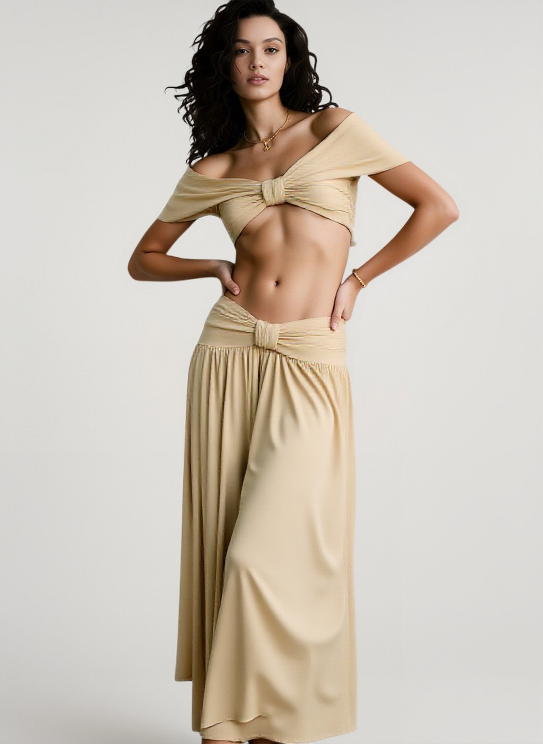 Off Shoulder Crop Ruched Maxi Vacation Set Main image