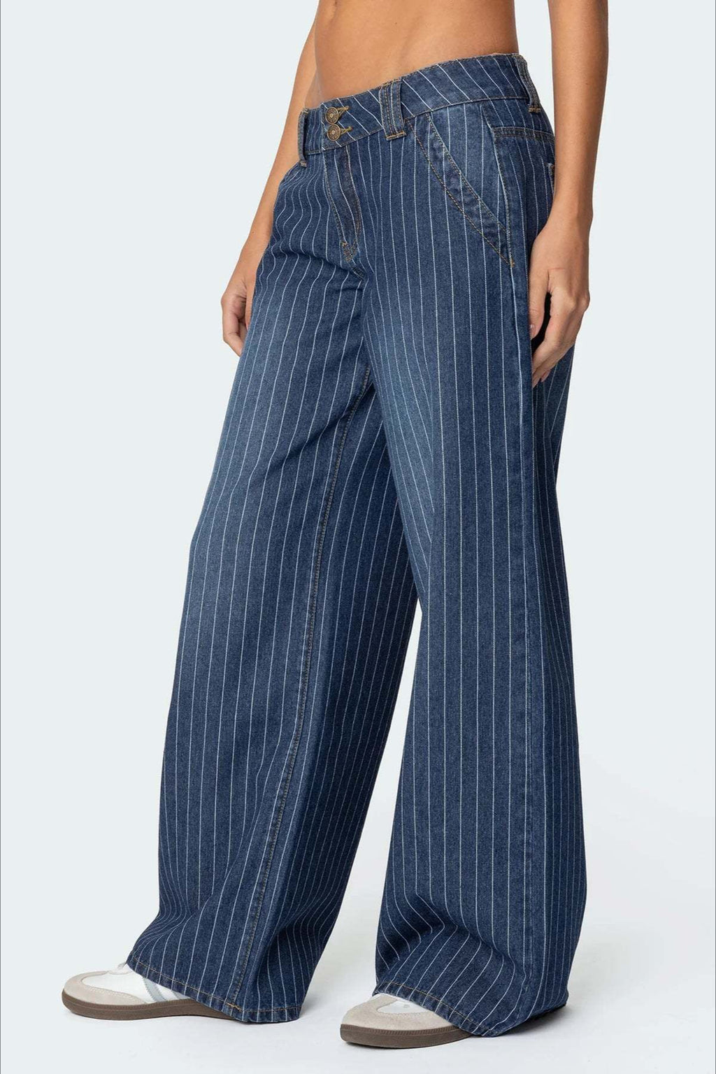Blue Pinstripe Washed Wide Leg Jeans