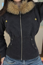 Corset Waist Fur Trim Zip Hoodie