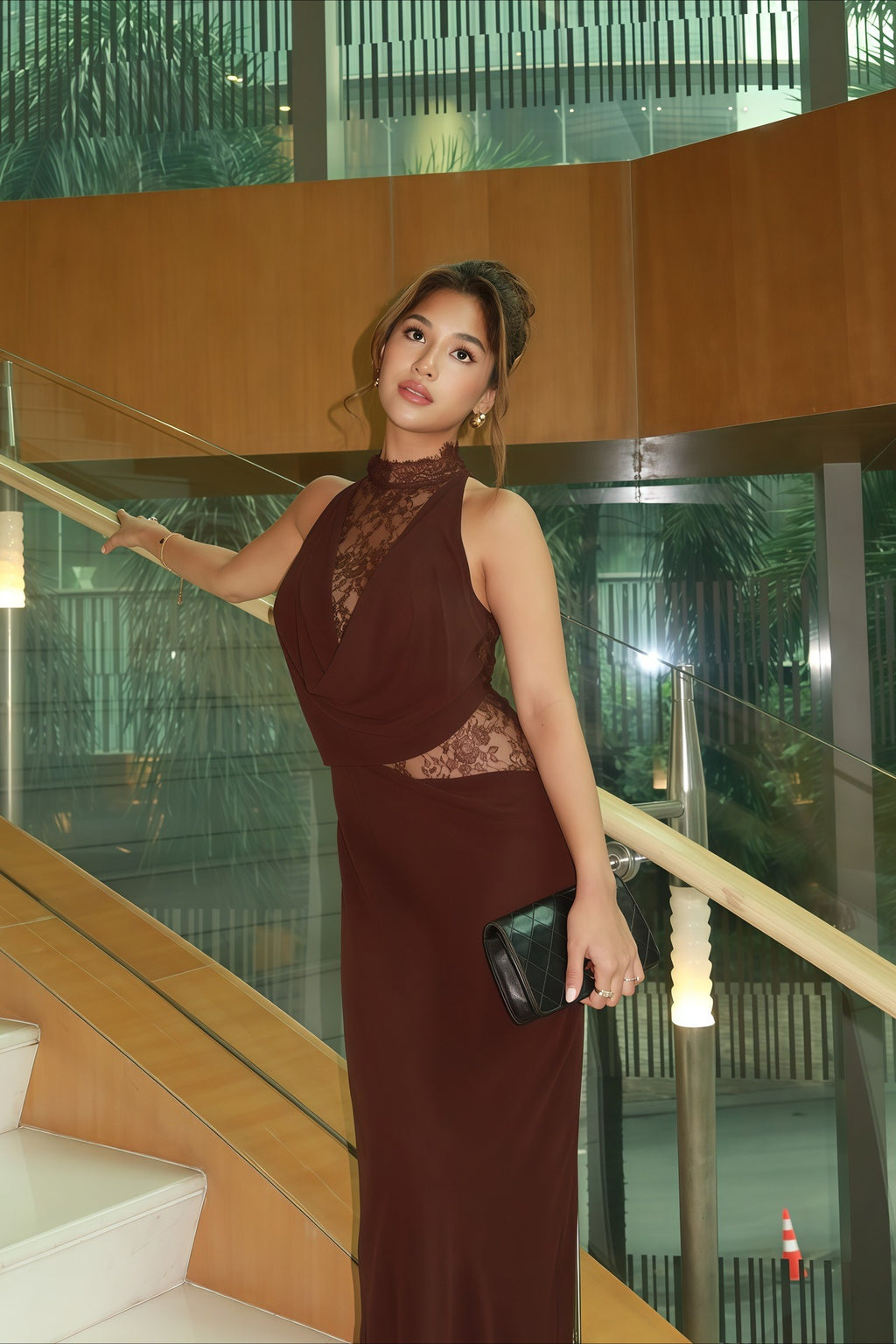 Lace High Neck Draped Waist Maxi Dress