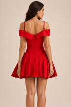 Off Shoulder Lapel Waist Cinch Ballet A Line Slip Dress