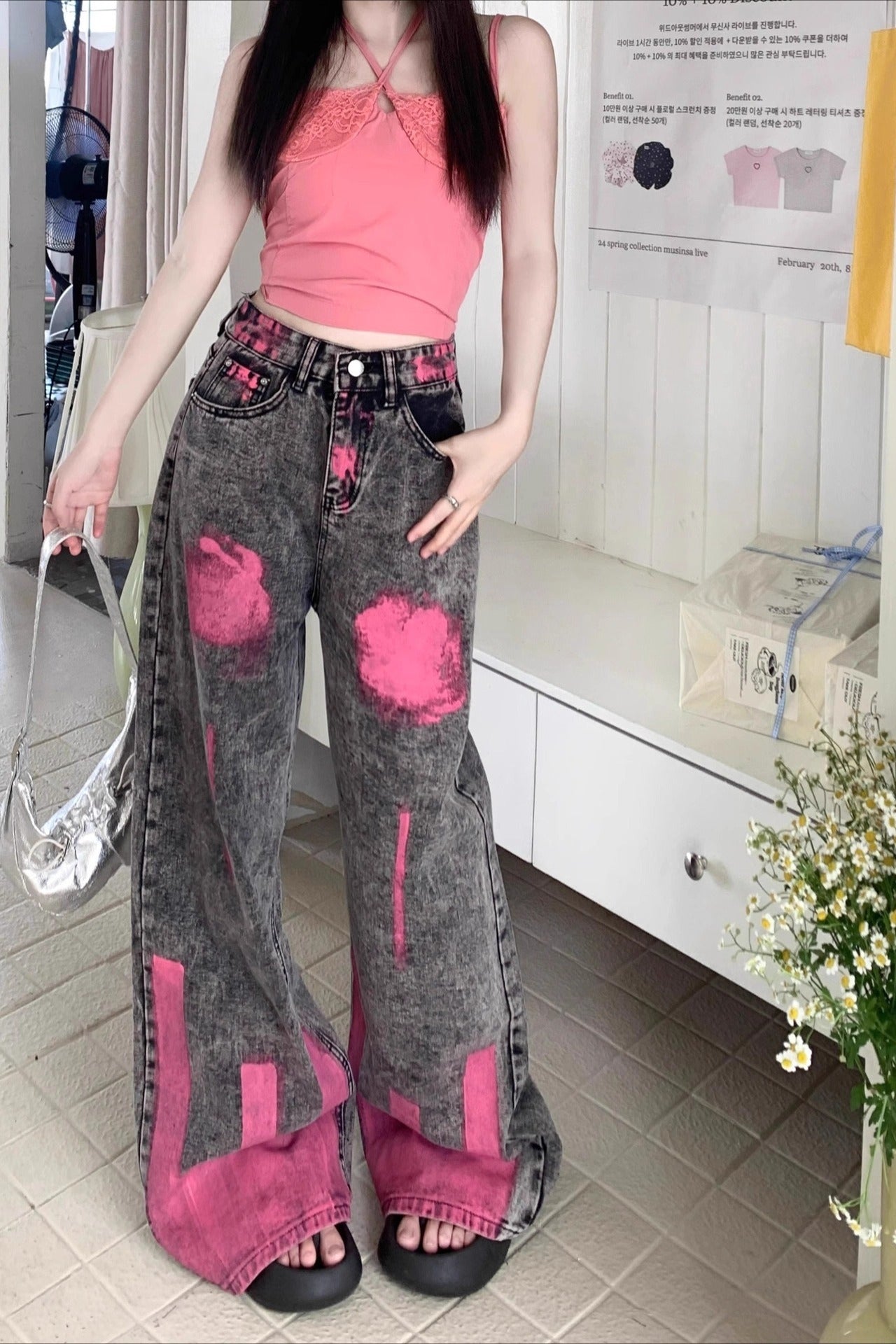 Graffiti Print High Street Straight Wide Leg Flowy Jeans Main image