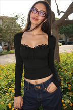 Square Neck Lace Trim Ruched T-shirts