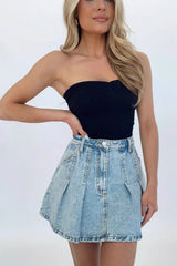 High Waist Denim Pleated A-Line Skirt