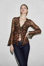 Leopard Mesh Chiffon Lace Sheer Top