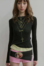 Cross Necklace Print Sheer Long Sleeve T-Shirt