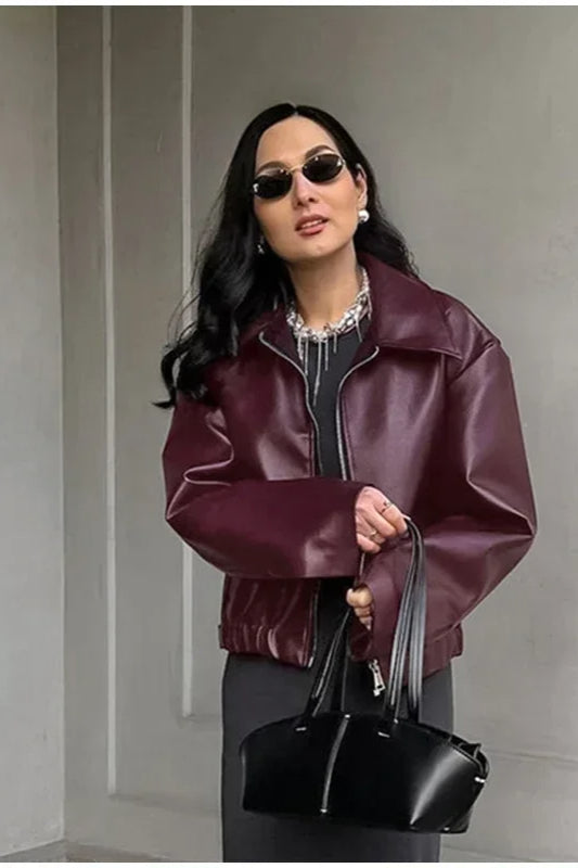 Burgundy Lapel Zip Leather Jacket Secondary image