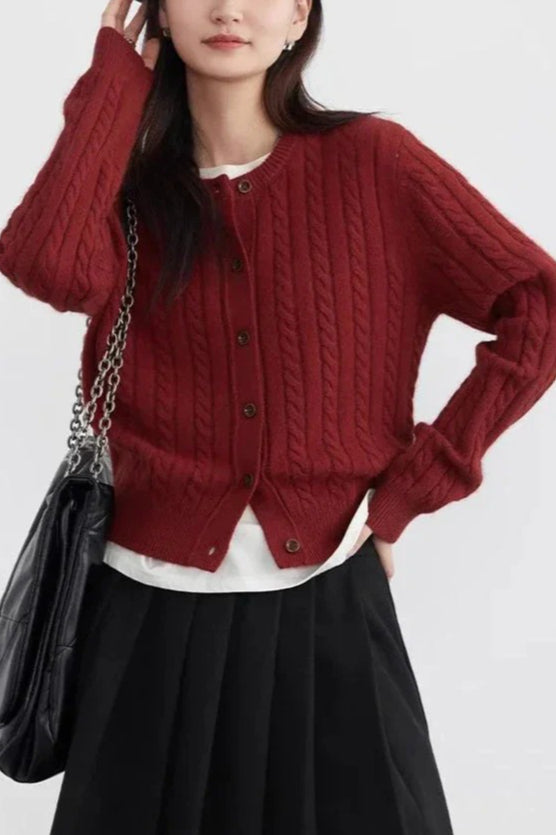 Red Twist Knit O-Neck Cardigan Main image