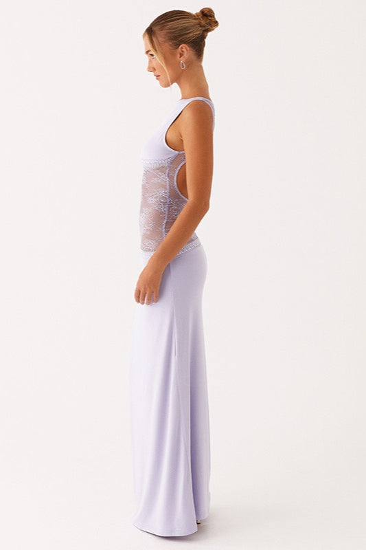 Sheer Lace Satin Panel Backless Fit Lace Dress
