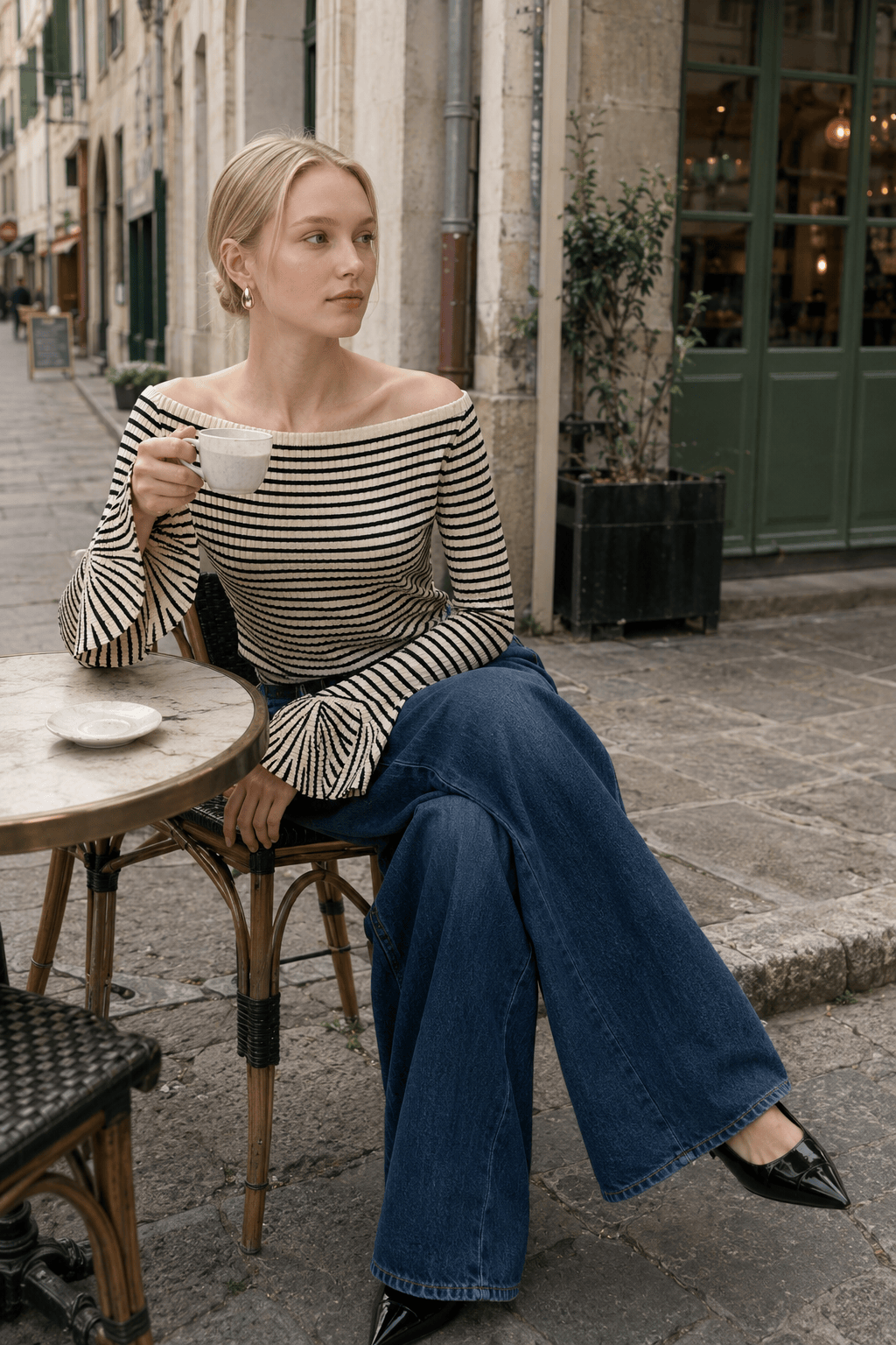 Striped Ruffle-Sleeve Knit Top Secondary image