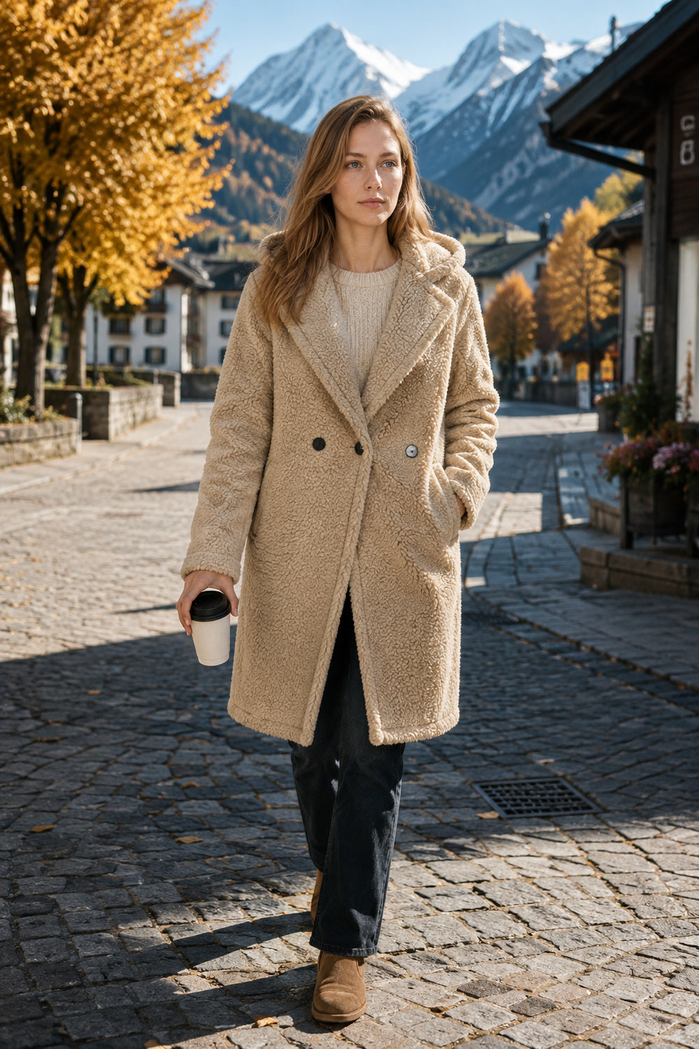 Mid-Length Fuzzy Lapel Coat