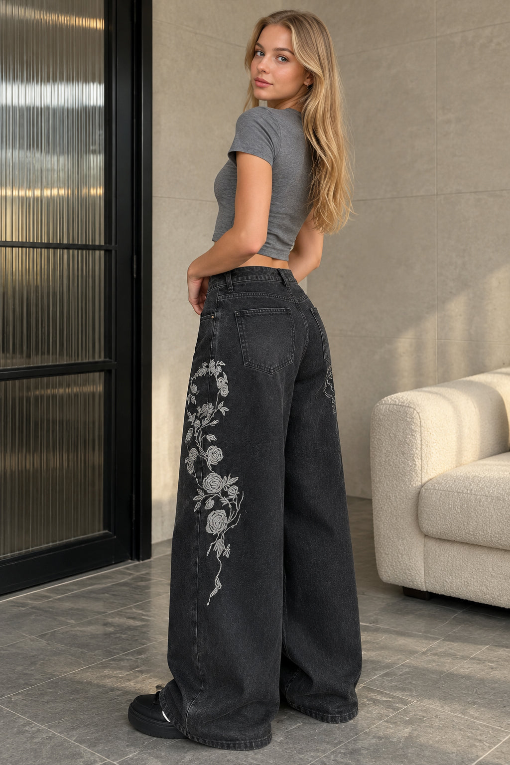 Floral Vine Embroidered Wide Leg Jeans