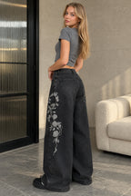 Floral Vine Embroidered Wide Leg Jeans