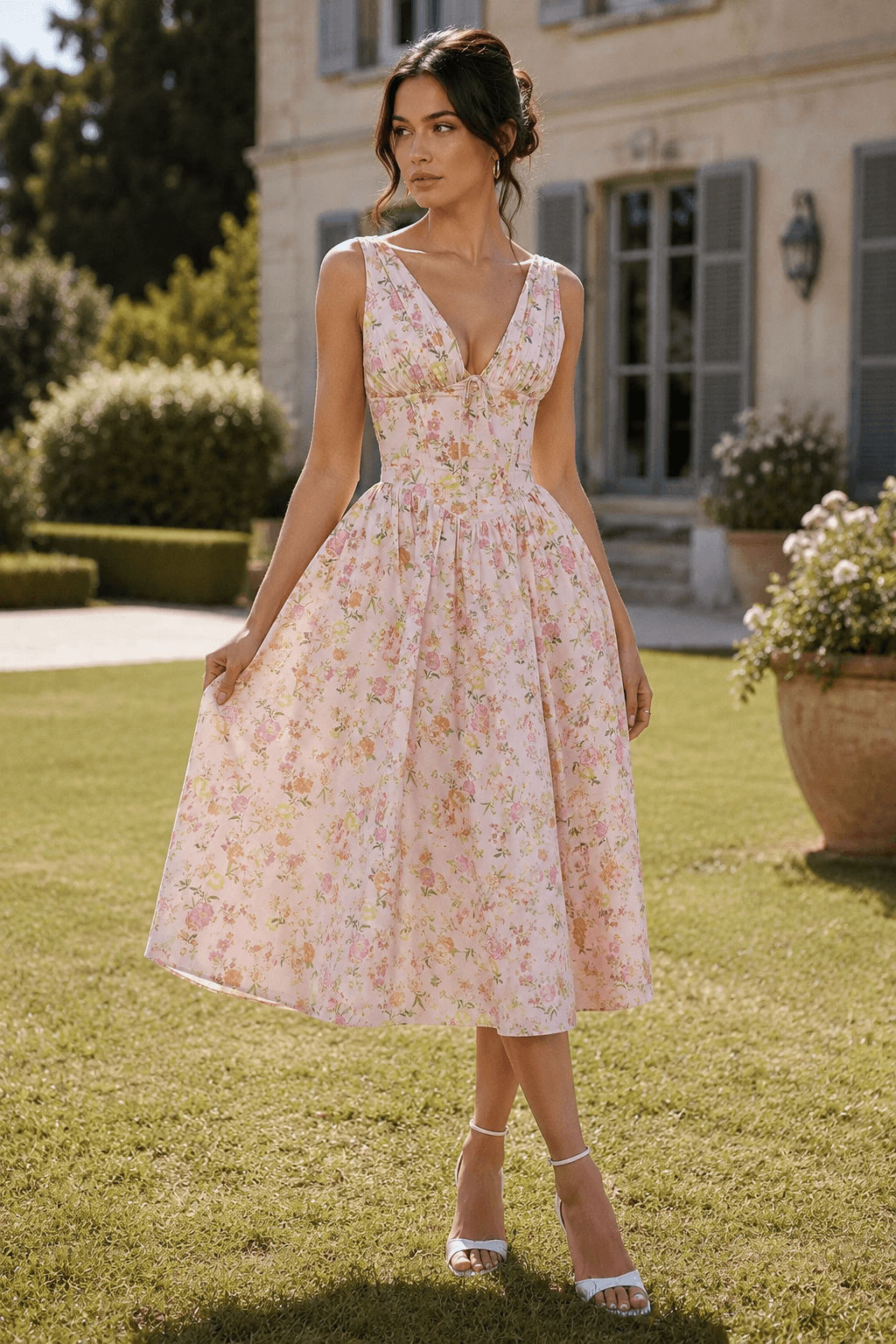 Spaghetti Strap V Neck Fitted Long Floral Dress Main image
