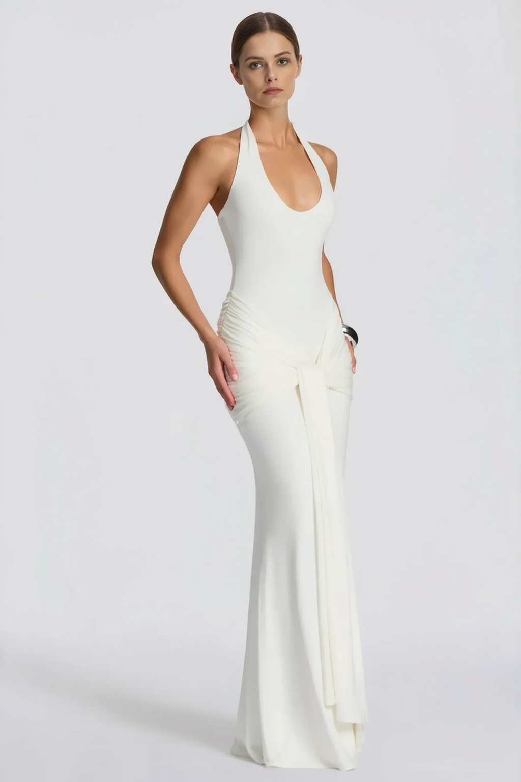 U Neck Halter Sash Panel Bodycon Party Dress