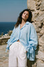 Tie Cuff Oversized Blue Long Sleeve Blouse