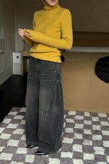 Washed Distressed Curved Wide Leg Slim Structured Jeans