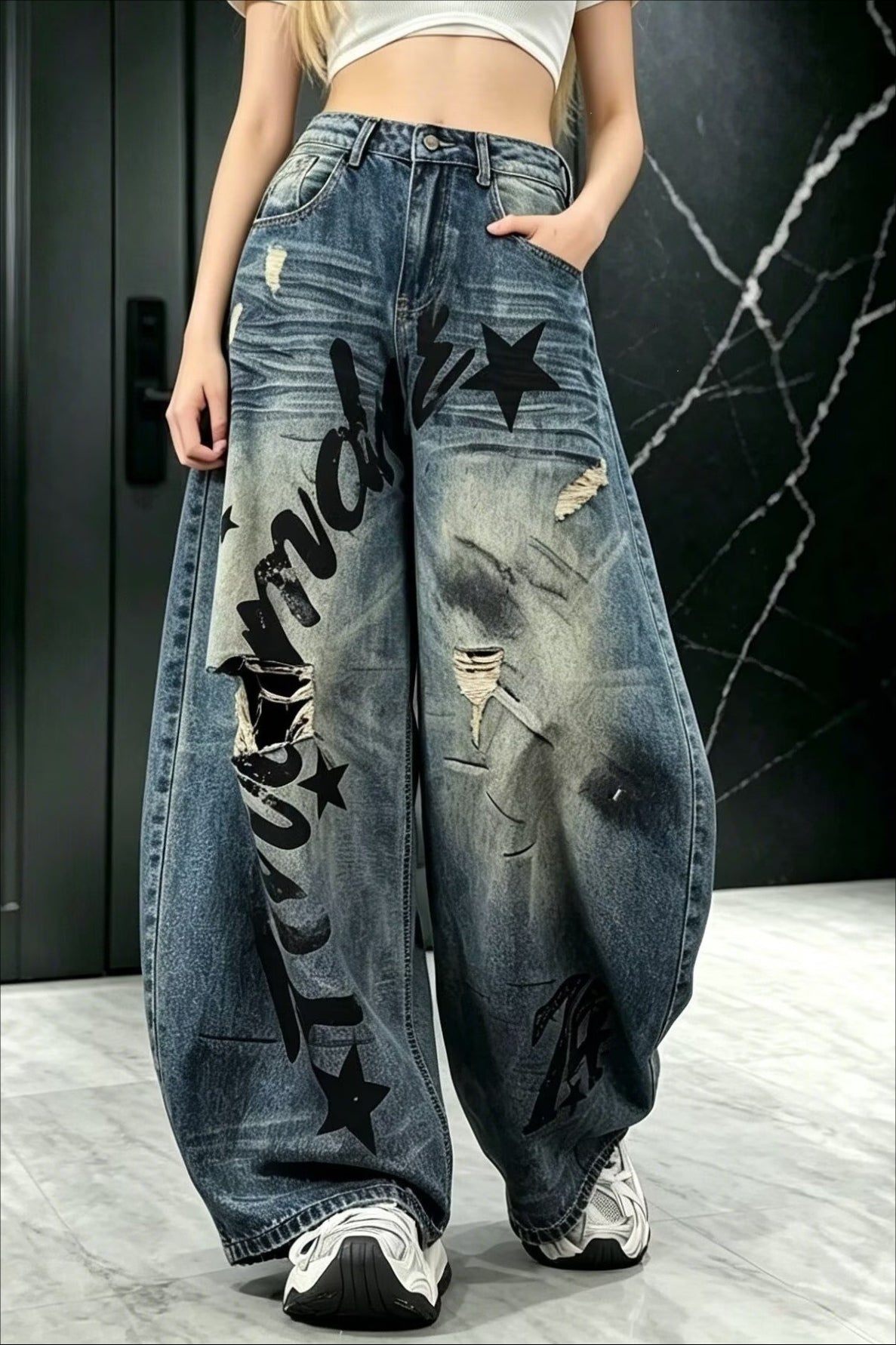 Distressed Letter Print Baggy Streetwear Jeans