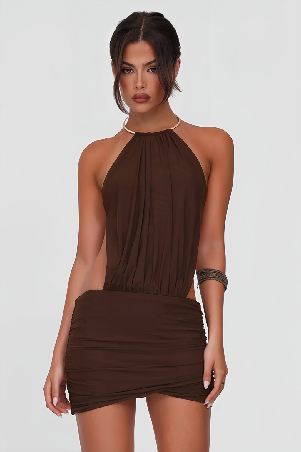 Metal Ring Halter Tie Back Bodycon Mini Dress