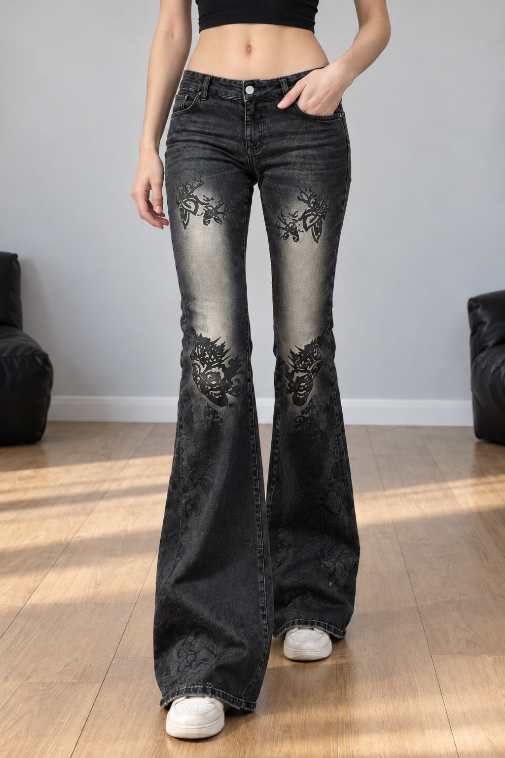 Vintage Plant Print Flared Jeans