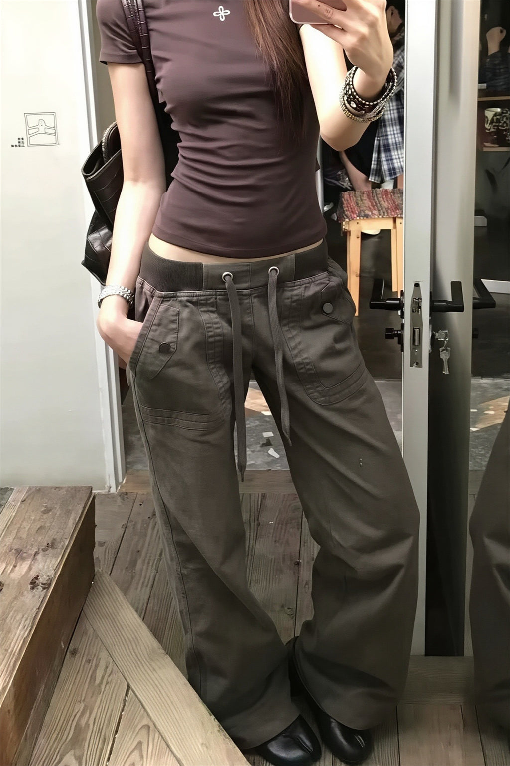 Strap Detail Low Rise Straight Leg Cargo Jeans