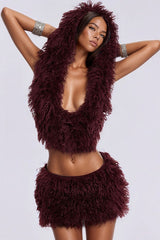 Deep V Hooded Backless Tie Fuzzy A Line Two Piece Set