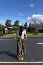 Tiger Print Fleece Drawstring Wide Leg Pants