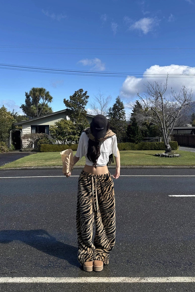 Tiger Print Fleece Drawstring Wide Leg Pants