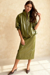 Chic Solid Patent Leather Stand Collar Jacket Skirt Two Piece Set
