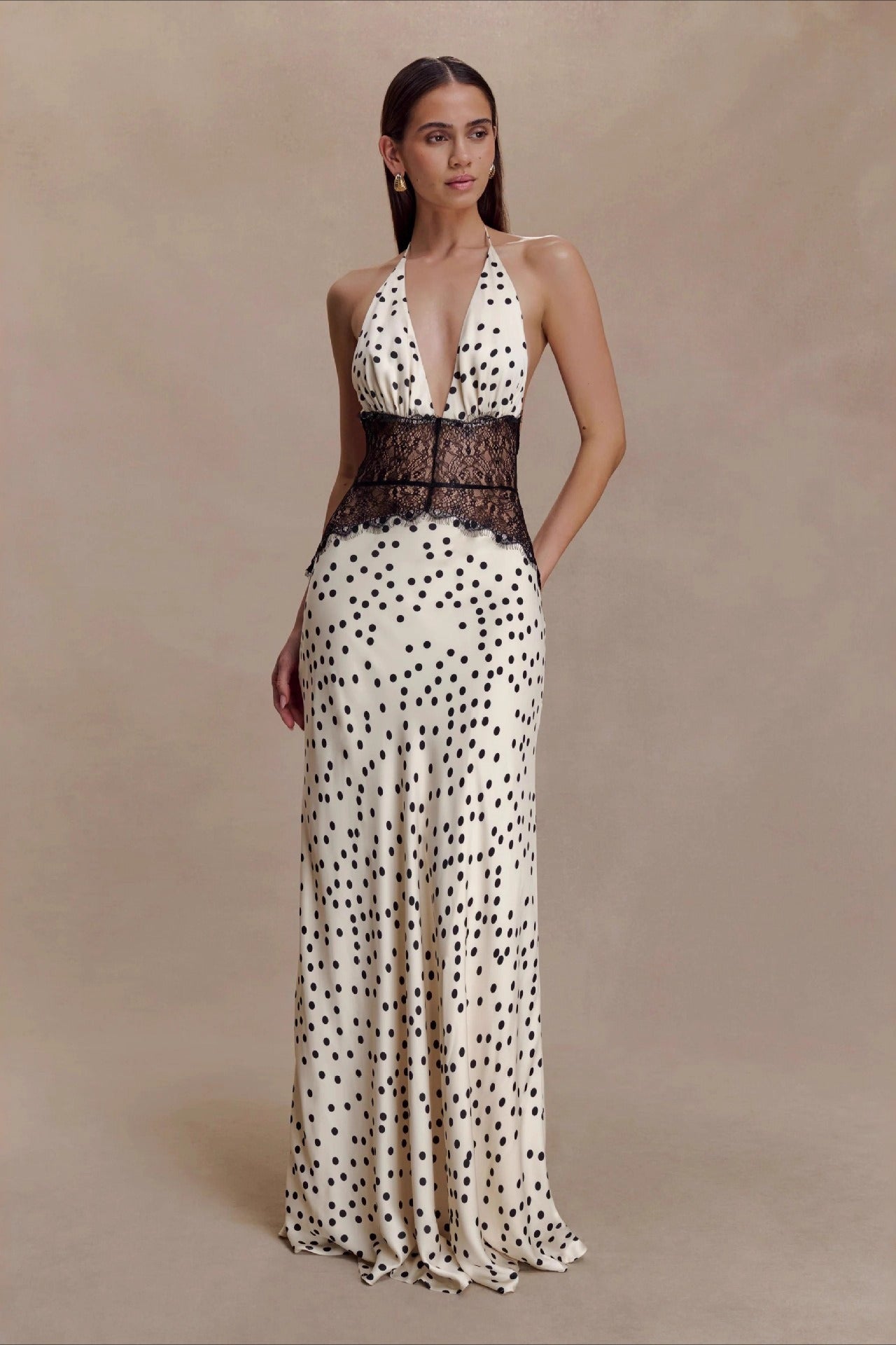 Polka Dot Lace Backless Waist Tie Maxi Lace Dress Main image