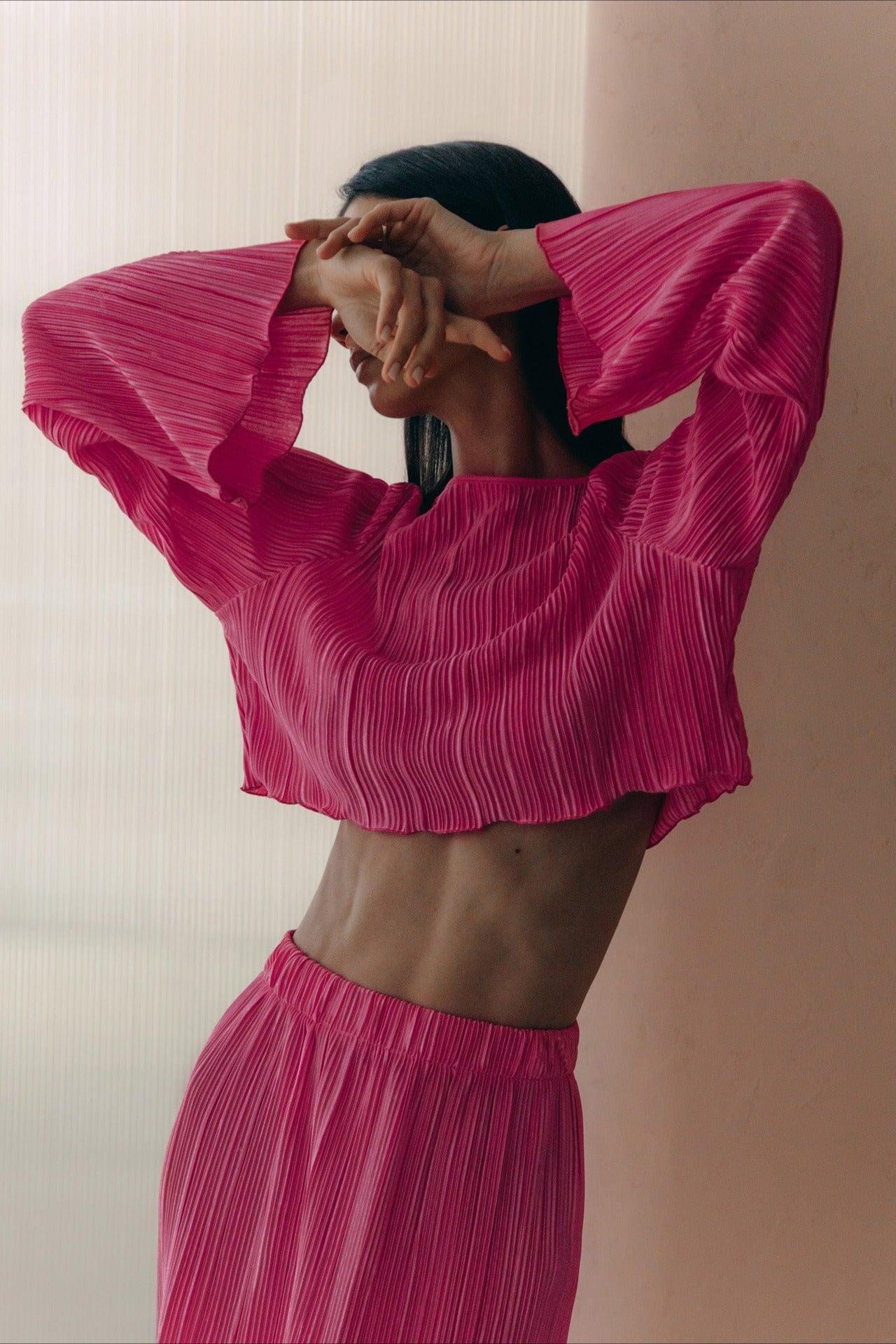 Pleated Flare Sleeve Crop Top Skirt Two Piece Set Secondary image