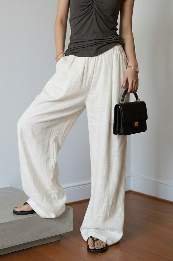 White Linen Blend Wide Leg Casual Pants Main image
