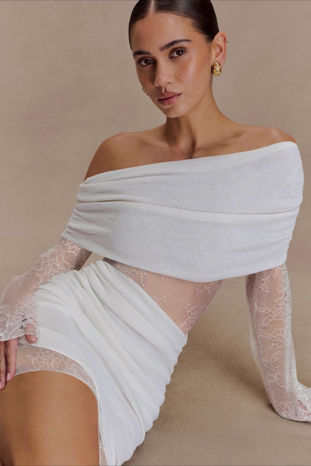 Off Shoulder Lace Sleeve Bodycon Mini Party Dress