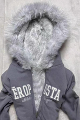 Vintage Grey Fleece Lined American Retro Stylish Hoodie