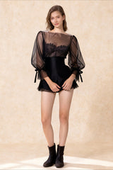 French Warm-Season Blouse Sling Retro Mujer Slimming Arm Blusas Women Mesh  Top Long De Lace Shorts Elegant Set