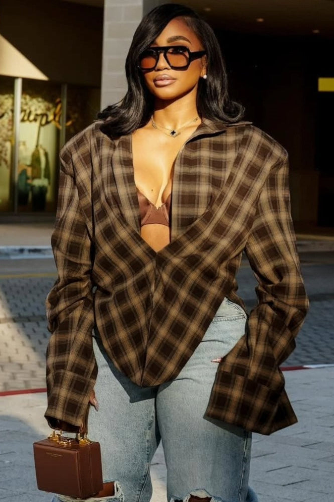 Plaid Collared Asymmetric Loose Chic Short Sleeve Blouse Secondary image