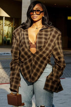 Plaid Collared Asymmetric Loose Chic Short Sleeve Blouse