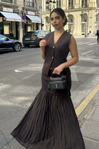 Button Front Two Piece Knit Vest Skirt Set