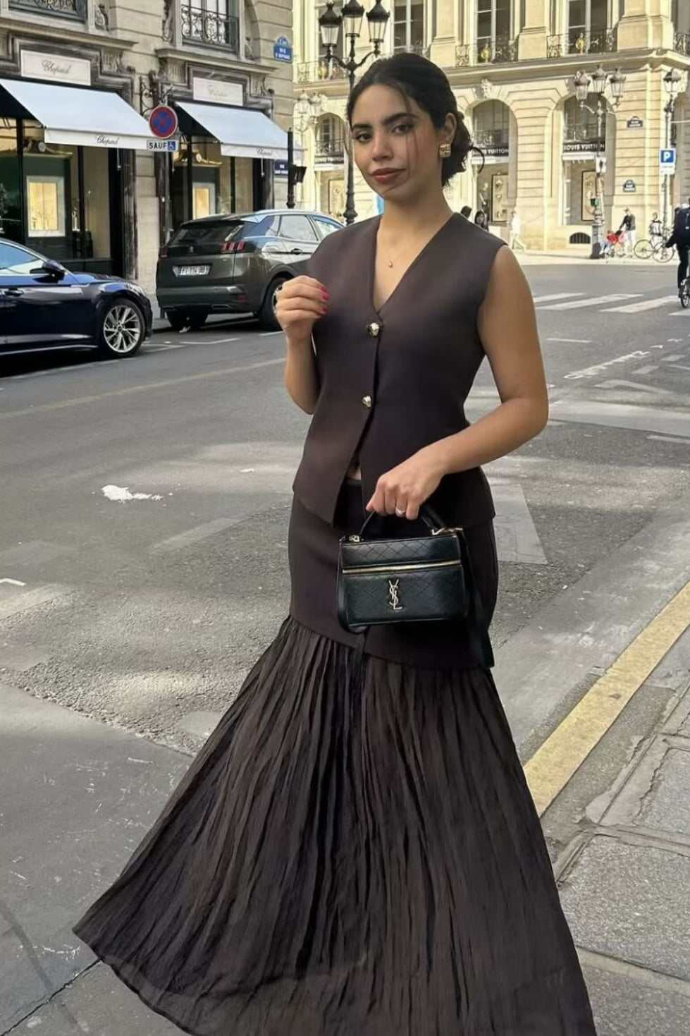 Button Front Two Piece Knit Vest Skirt Set