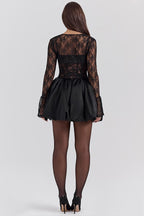 Lace Insert Strapless A-Line Long Sleeve Lace Dress
