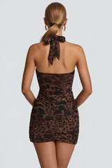 Leopard Halter Backless Deep V Mini Party Dress