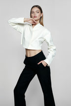 Chic White Boucle Cropped V Neck Coat